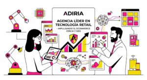 Ilustración minimalista de ADIRIA sobre fondo blanco. Una consultora con gafas y un consultor barbudo analizan métricas en pantallas y tablets. En el centro, un cartel reza: "ADIRIA, Agencia líder en tecnología retail - Impulsando el ecommerce con IA y GEO". Elementos industriales como un brazo robótico, chips de IA y redes neuronales en rosa, amarillo y negro. Diseño plano y geométrico. Directivo de retail evaluando una demo de tecnología: agencia de comunicación para retailtech.