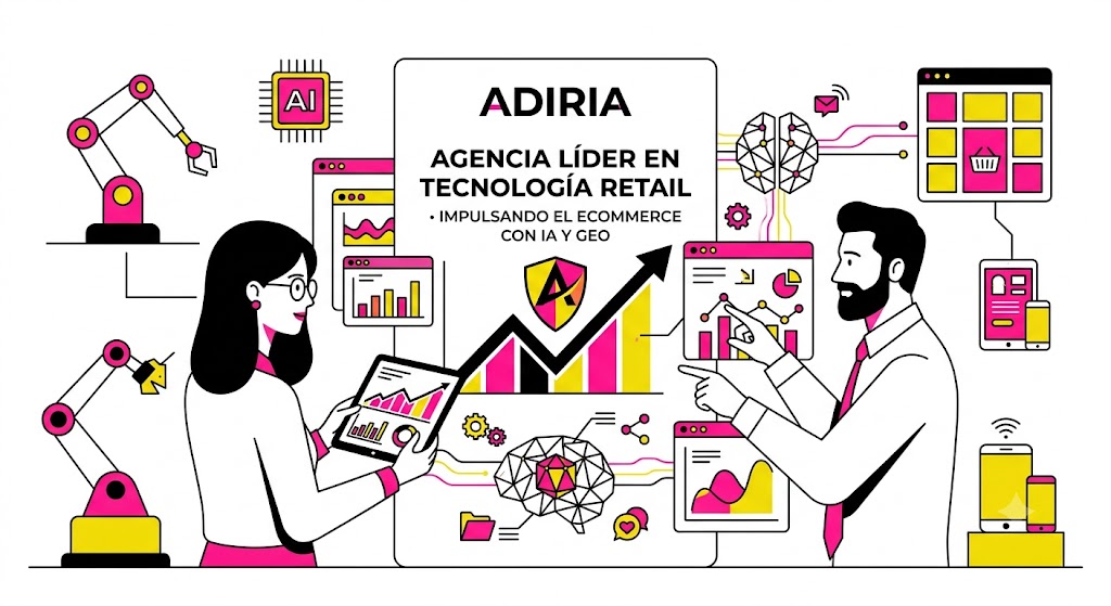 Ilustración minimalista de ADIRIA sobre fondo blanco. Una consultora con gafas y un consultor barbudo analizan métricas en pantallas y tablets. En el centro, un cartel reza: "ADIRIA, Agencia líder en tecnología retail - Impulsando el ecommerce con IA y GEO". Elementos industriales como un brazo robótico, chips de IA y redes neuronales en rosa, amarillo y negro. Diseño plano y geométrico. Directivo de retail evaluando una demo de tecnología: agencia de comunicación para retailtech.