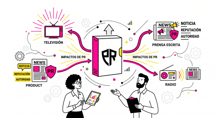 Ilustración minimalista de ADIRIA sobre fondo blanco. En el centro, la caja de un producto de ecommerce de la que salen flechas conectando con iconos de televisión, prensa escrita y radio. Dos consultores analizan los impactos de PR, autoridad y reputación en tablets y carpetas. Colores rosa corporativo, amarillo y negro. Equipo coordinando la comunicación de lanzamiento de producto en ecommerce entre marketplace y tienda propia