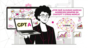Primer plano de una consultora de ADIRIA con pelo rizado y gafas analizando en su ordenador portátil el posicionamiento en IA generativa. De fondo se observa un panel industrial con nodos semánticos que conectan 'Brand Identity', 'Authority' y 'Context' en colores rosa, amarillo y negro.
