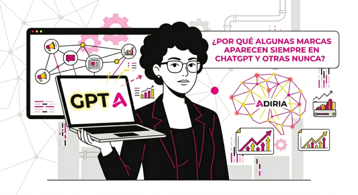 Primer plano de una consultora de ADIRIA con pelo rizado y gafas analizando en su ordenador portátil el posicionamiento en IA generativa. De fondo se observa un panel industrial con nodos semánticos que conectan 'Brand Identity', 'Authority' y 'Context' en colores rosa, amarillo y negro.