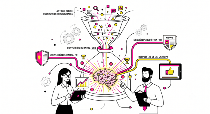 Ilustración minimalista de ADIRIA en rosa, amarillo y negro. Un embudo se divide en tres tramos conectados a un chat de IA, una lupa de búsqueda y una pantalla de compra: el nuevo embudo de la comunicación.