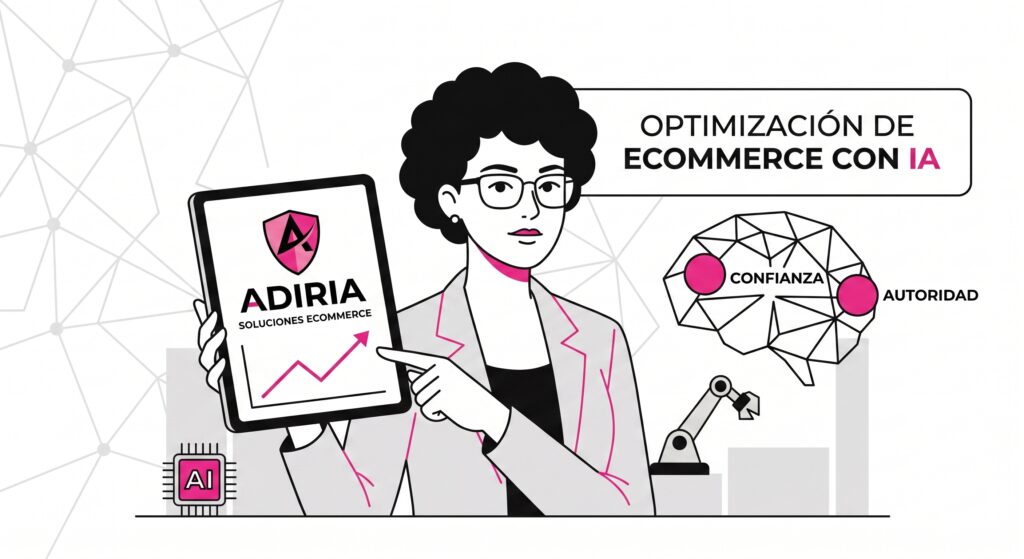Ilustración minimalista de ADIRIA en rosa, amarillo y negro. Un consultor organiza fichas de medios de comunicación por niveles de autoridad sobre una mesa luminosa: mapa de medios para ecommerce y retail.