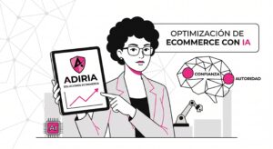 Ilustración minimalista de ADIRIA en rosa, amarillo y negro. Un consultor organiza fichas de medios de comunicación por niveles de autoridad sobre una mesa luminosa: mapa de medios para ecommerce y retail.