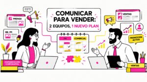 Ilustración minimalista de ADIRIA en rosa, amarillo y negro. Dos mesas de trabajo, una de comunicación y otra comercial, se unen en una sola: comunicar para vender.