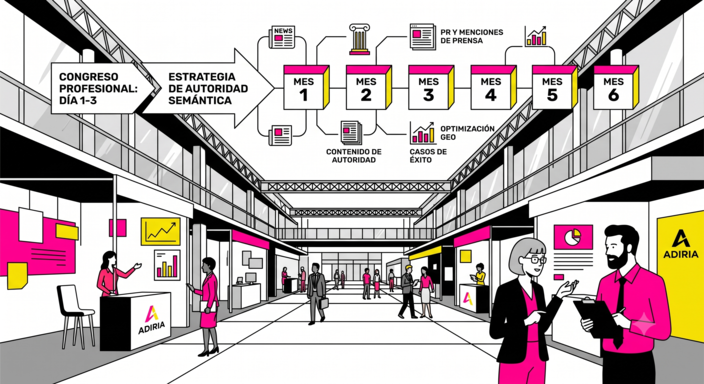 Ilustración minimalista de ADIRIA en rosa, amarillo y negro. Un stand de feria se transforma en una línea de tiempo de seis meses con artículos, citas y reuniones: convertir una feria en autoridad.