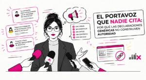 Ilustración minimalista de ADIRIA en rosa, amarillo y negro. Una nota de prensa con una cita tachada y otra subrayada: declaraciones genéricas frente a una cita con dato propio.