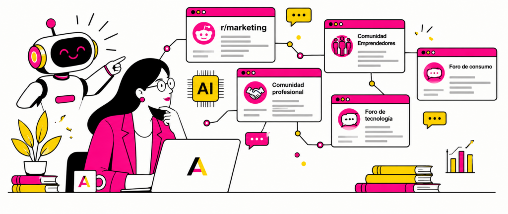 Ilustración minimalista de ADIRIA en rosa, amarillo y negro. Hilos de un foro online se conectan directamente a una respuesta de IA generativa, dejando atrás una redacción de prensa: foros y comunidades.