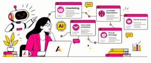Ilustración minimalista de ADIRIA en rosa, amarillo y negro. Hilos de un foro online se conectan directamente a una respuesta de IA generativa, dejando atrás una redacción de prensa: foros y comunidades.