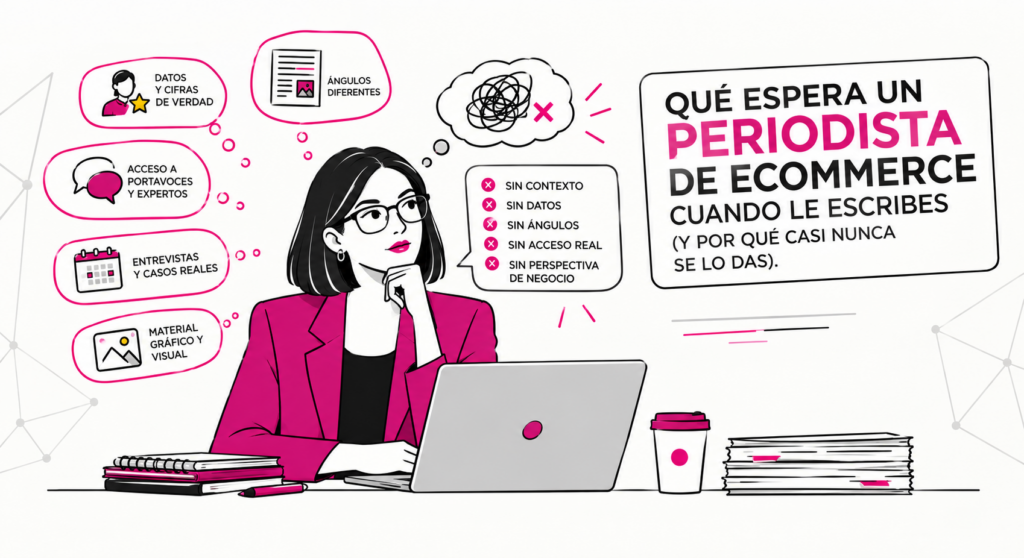 Ilustración minimalista de ADIRIA en rosa, amarillo y negro. Un periodista revisa una bandeja de correo llena y solo abre uno: qué espera un periodista.