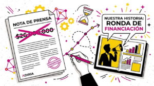 Ilustración minimalista de ADIRIA en rosa, amarillo y negro. Un comunicado con una cifra tachada y, detrás, una línea de tiempo que lleva al anuncio: ronda de financiación como historia y no como nota de prensa.